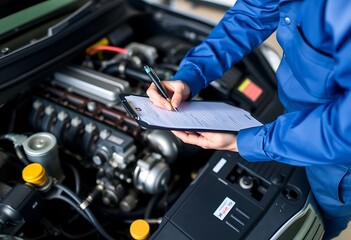 Auto check, car service shop concept. Automobile repairman writing job checklist on clipboard, mechanic checking engine to estimate repair machine, inspecting maintena