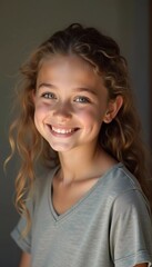A young Caucasian girl with beautiful brown eyes and wavy hair stands smiling softly. Her playful demeanor shines through as she poses in a cozy setting in France. Generative AI