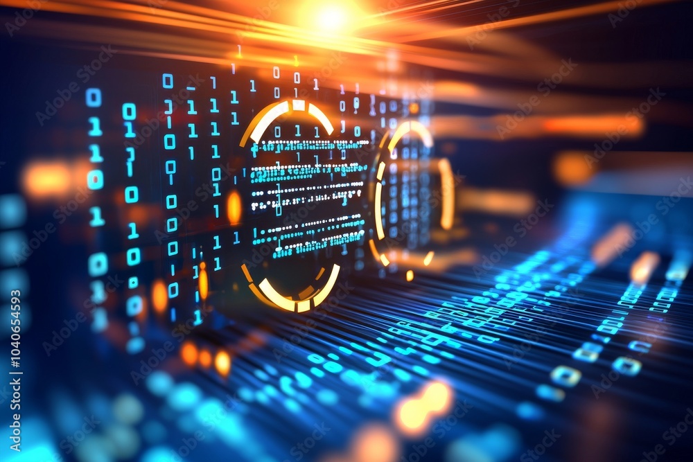 Poster computer screen background with blue digital binary data