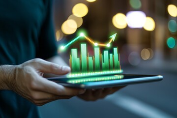 Data upward arrow business economic growth graph on screen tablet concept digital technology.