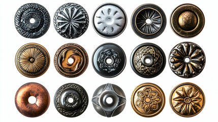 Fototapeta premium Collection of metallic buttons with various patterns. Isolated on white background, -