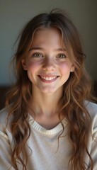 A young Caucasian girl with beautiful brown eyes and wavy hair stands smiling softly. Her playful demeanor shines through as she poses in a cozy setting in France. Generative AI
