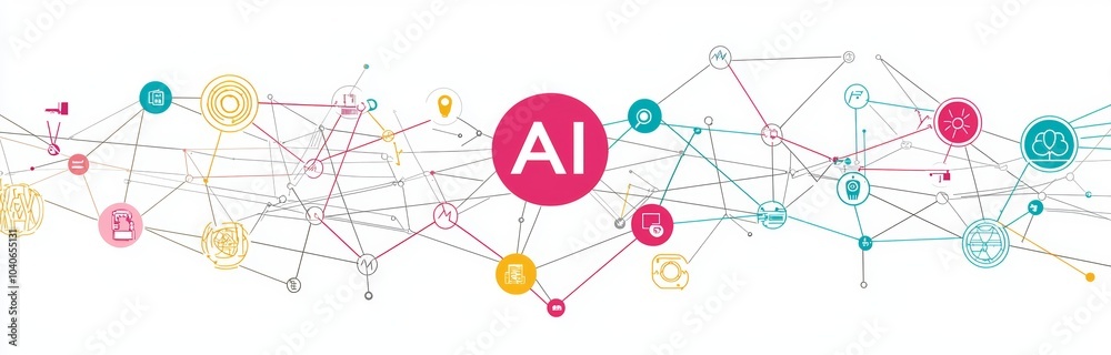 Poster an ai banner concept with icons of cybernetics, problem-solving, deep learning, machine learning, ro