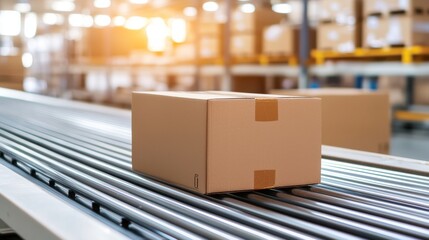 Conveyor belt with cardboard boxes in distribution warehouse