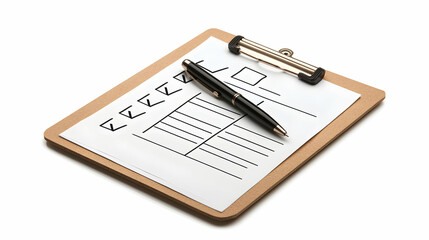 Completed checklist on a clipboard with a pen. Isolated on white background,  -