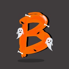 Cartoon Halloween font, evil type, funny scary typeface, spooky monster alphabet letters and numbers. Vector Halloween english abc characters font with Halloween holiday horror ghost, spider and  bone