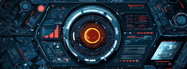 Fototapeta premium Digital futuristic cyberspace with an interface for the user and a HUD. A modern business background with graphs, charts, infographics, big data, indicators and business HUD. Economic background.