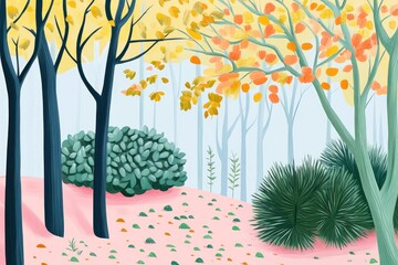 Forest scene featuring vibrant trees and shrubs during autumn
