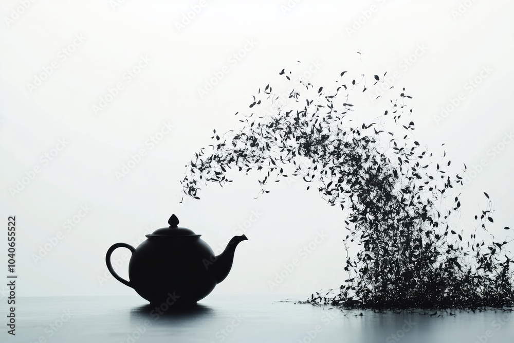 Poster A teapot silhouette releases an artistic flow of tea leaves, creating a dynamic visual transition in a minimalist style. Generative AI