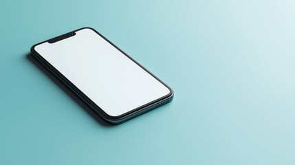 An isometric view of a shiny black mobile phone on a smooth dark blue surface. Perspective view of a black smartphone on a smooth dark blue surface.