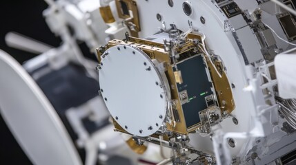 A detailed view of a satellite-based laser communication terminal, enabling high-speed data transmission in space, Space technology style