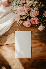 White sheet mockup on wooden table with pink roses and white fabric. Vertical flat lay romantic template for wedding invitations, declarations of love, greeting cards for mothers and wives with space 
