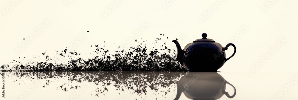 Poster a unique silhouette illustrates a teapot seamlessly merging into swirling tea leaves, creating an ab