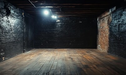 An empty cellar illuminated by a searchlight with black brick walls and a wooden floor