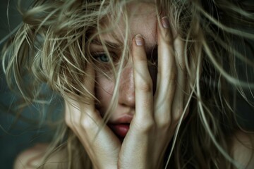 Facepalm woman, disappointment girl, sad covering face with hands, messy hair portrait, overwhelmed...