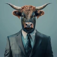 Cow in a Business Suit, Animal Businessman, Funny Bull Boss, Generative AI Illustration
