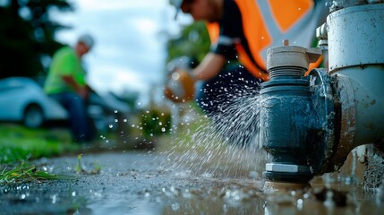 worker in protective uniform and helmet working on a gas tank with a gas pump.