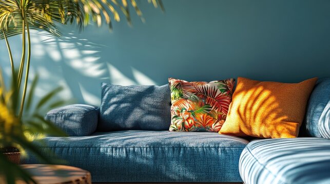 3D rendering of a maximalist style sofa corner with a soft pillow