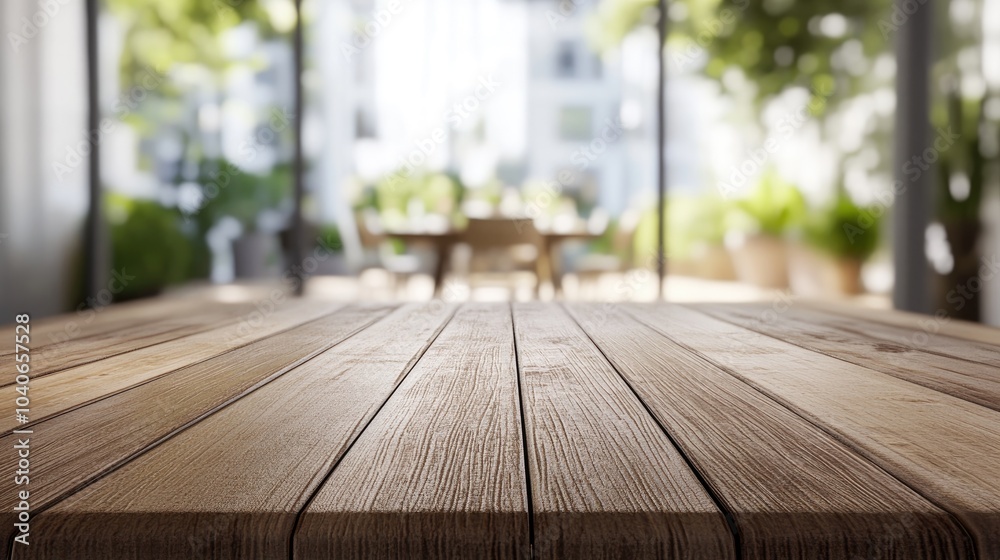Poster 3d rendering of an empty wooden table with a blurred dining environment in the background