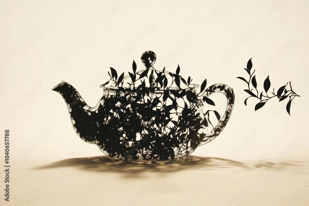 Aufkleber the silhouette of a teapot merges seamlessly into flowing tea leaves, depicting an abstract unity of