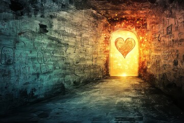 A glowing heart beyond a dark corridor, symbolizing love, healing, and reconnecting with the inner child.