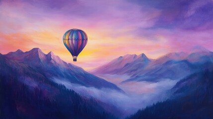 Fototapeta premium Oil painting depicting a vibrant purple sunset sky with a colorful hot air balloon soaring over scenic romantic mountains and fog capturing a couple s dreamy getaway experience