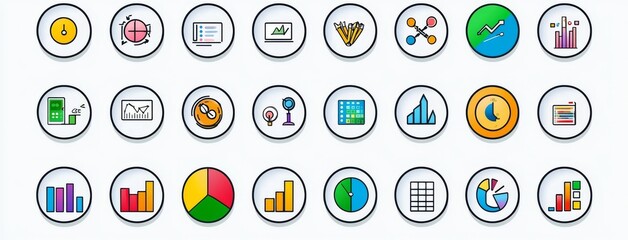 An editable set of data analytics thin line icons including data analysis, analytics, optimization, mining, processing, statistics, monitoring, search, analysis. This set is available as a modern