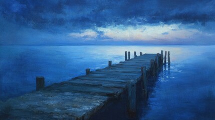 Fototapeta premium Oil painting depicting a long exposure view of a dilapidated wooden pier along the shoreline during the blue hour capturing the serene atmosphere of the scene