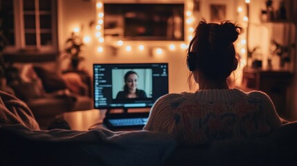 Fototapeta premium Woman on a Video Call in a Cozy Living Room