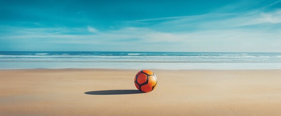 Obraz premium A lone soccer ball sits on a pristine sandy beach under a bright blue sky.