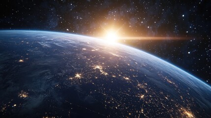 Fototapeta premium Astronaut in outer space above the Earth with sunlight depicted in a 3D cartoon rendering with city lights visible on the planet
