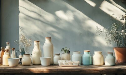 A variety of milk products displayed on a wooden table with natural light illuminating the scene