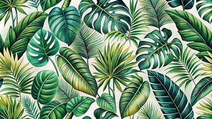 Botanical illustration. Tropical seamless pattern. Rainforest, jungle. Palm leaves, monstera, colocasia, banana. Hand drawing for design of fabric, paper, wallpaper, notebook covers