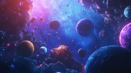 2D illustration featuring a 3D cartoon rendering of deep vast space showcasing stars planets moons and various creative science fiction backdrops including space art and alien solar systems with a