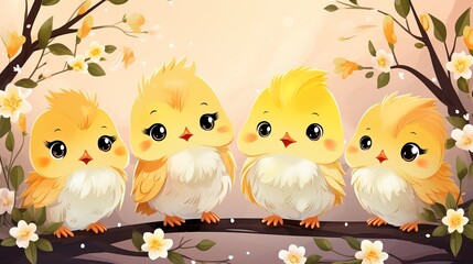 Obraz premium Cute yellow chicks perched on a branch surrounded by spring flowers in a warm light setting