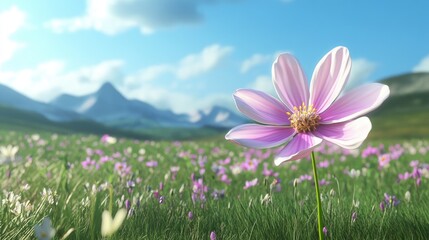 Obraz premium Closeup view of a cosmos flower in a field with ample copy space presented as a 3D cartoon rendering embodying a fresh ecology background concept