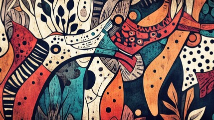 Abstract ethnic drawing featuring animal motifs characterized by a dirty art pattern in a classic urban minimalist style with watercolor techniques