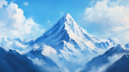 Oil painting of a snow capped mountain peak