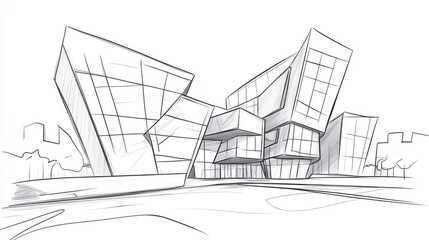 Fototapeta premium Line art illustration of an art museum featuring modern architectural design showcasing a unique structure within an urban environment