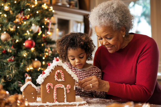 Black senior woman and little girl making gingerbread house on the background of Christmas tree. Xmas is a merry family holiday party