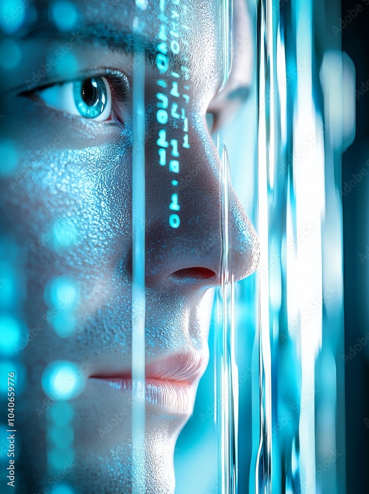 Poster a blue binary code background is used to illustrate a computer data transfer.