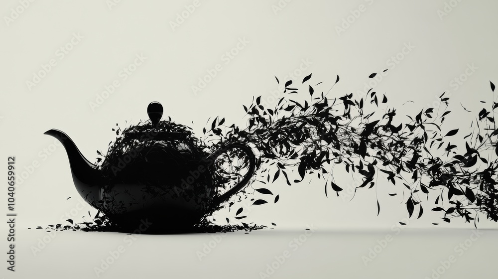 Poster a teapot silhouette gracefully transitions into swirling tea leaves, creating an enchanting flow and