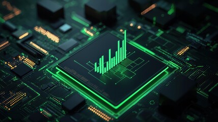 A vibrant, close-up view of a circuit board with a glowing green signal bar, symbolizing technology, data processing, and digital connectivity.