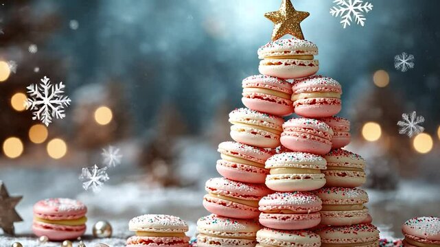 Festive macaron tower decorated with a golden star and colorful sprinkles during winter celebration