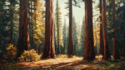 Obraz premium Oil painting depicting ancient redwood trees in a forest showcasing the beauty of nature and impressive tall trees