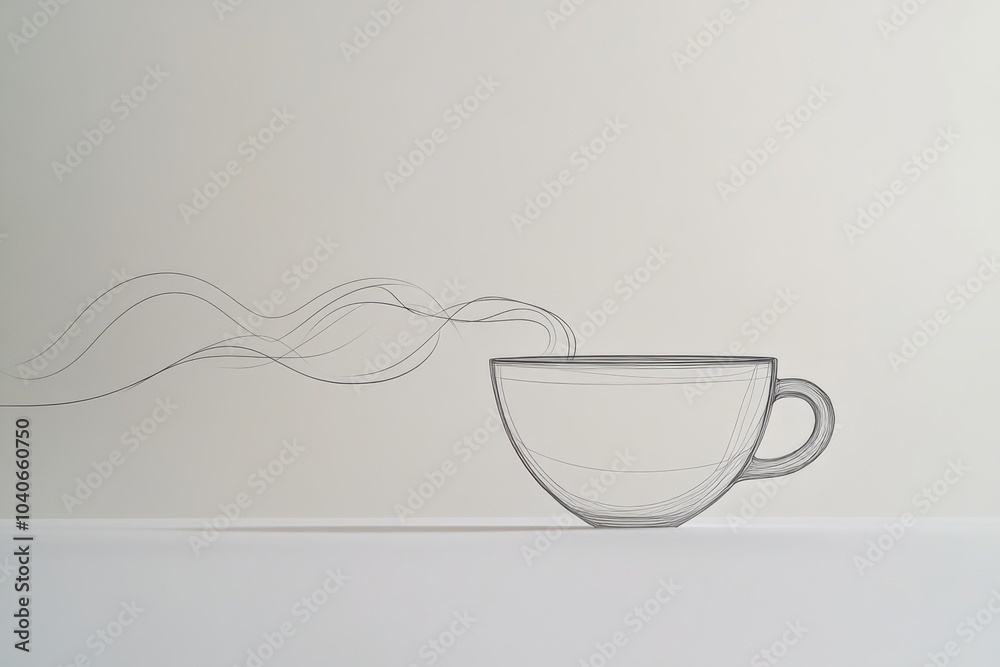 Poster a continuous line illustration showcases a delicate tea cup with soft steam lines, creating a serene