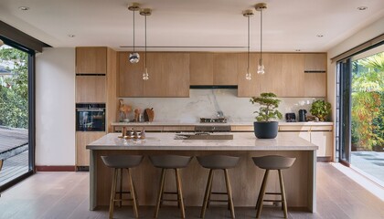 キッチンアイランドや最新の家電が調和し、家族が集まる温かい空間