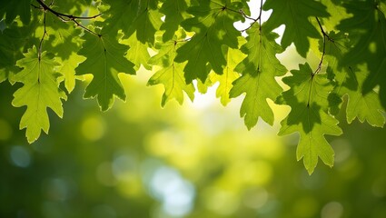 Vibrant oak leaves forming intricate pattern illuminated by sunlight