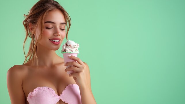 woman eating ice cream from a container with a spoon, she is not looking at the camera, side view, stock footage, clean green screen background, 