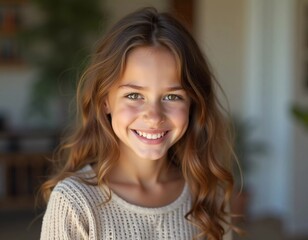 A young Caucasian girl with beautiful eyes and wavy hair stands smiling softly. Her playful demeanor shines through as she poses in a cozy indoor setting in France. Generative AI